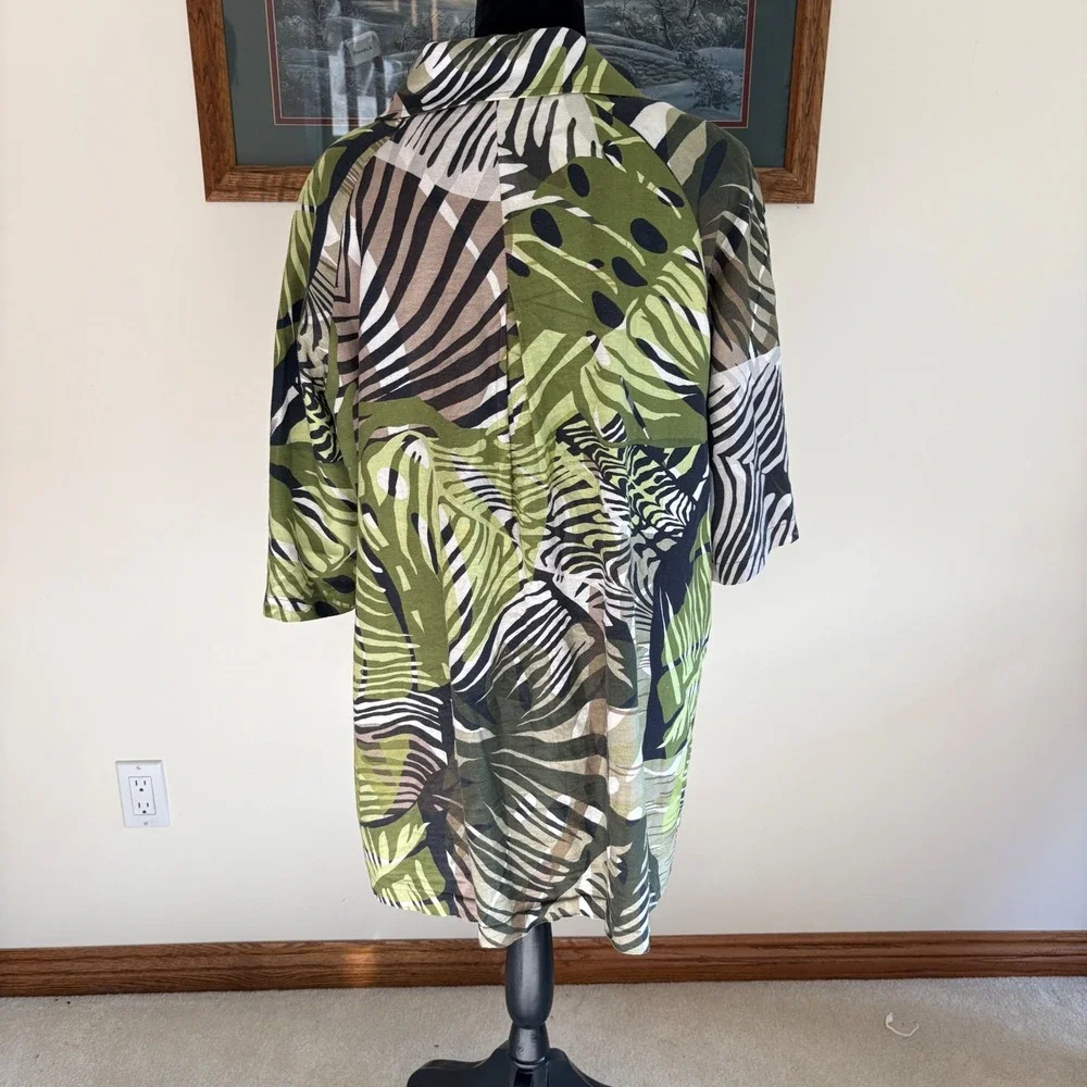 Talie Tropical Palm Zebra Print Linen Blend Zip Front Jacket Womens Large Green